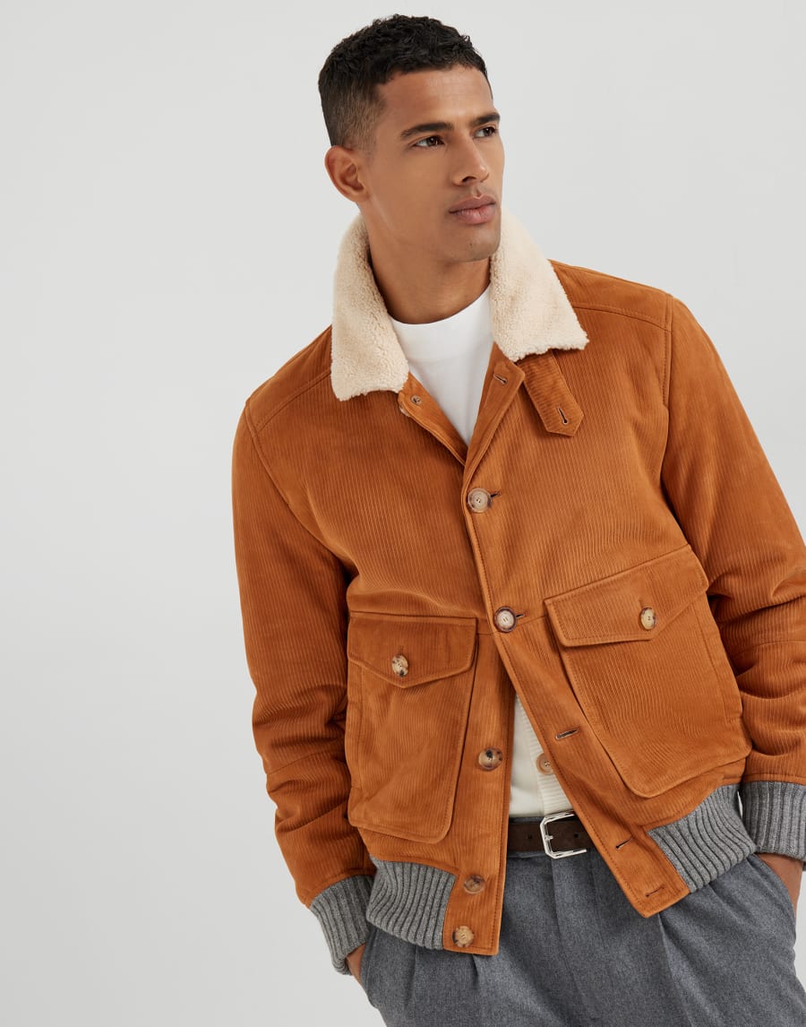 Куртка-авиатор из замшевого ширлинга Виски Мужчина - Brunello Cucinelli