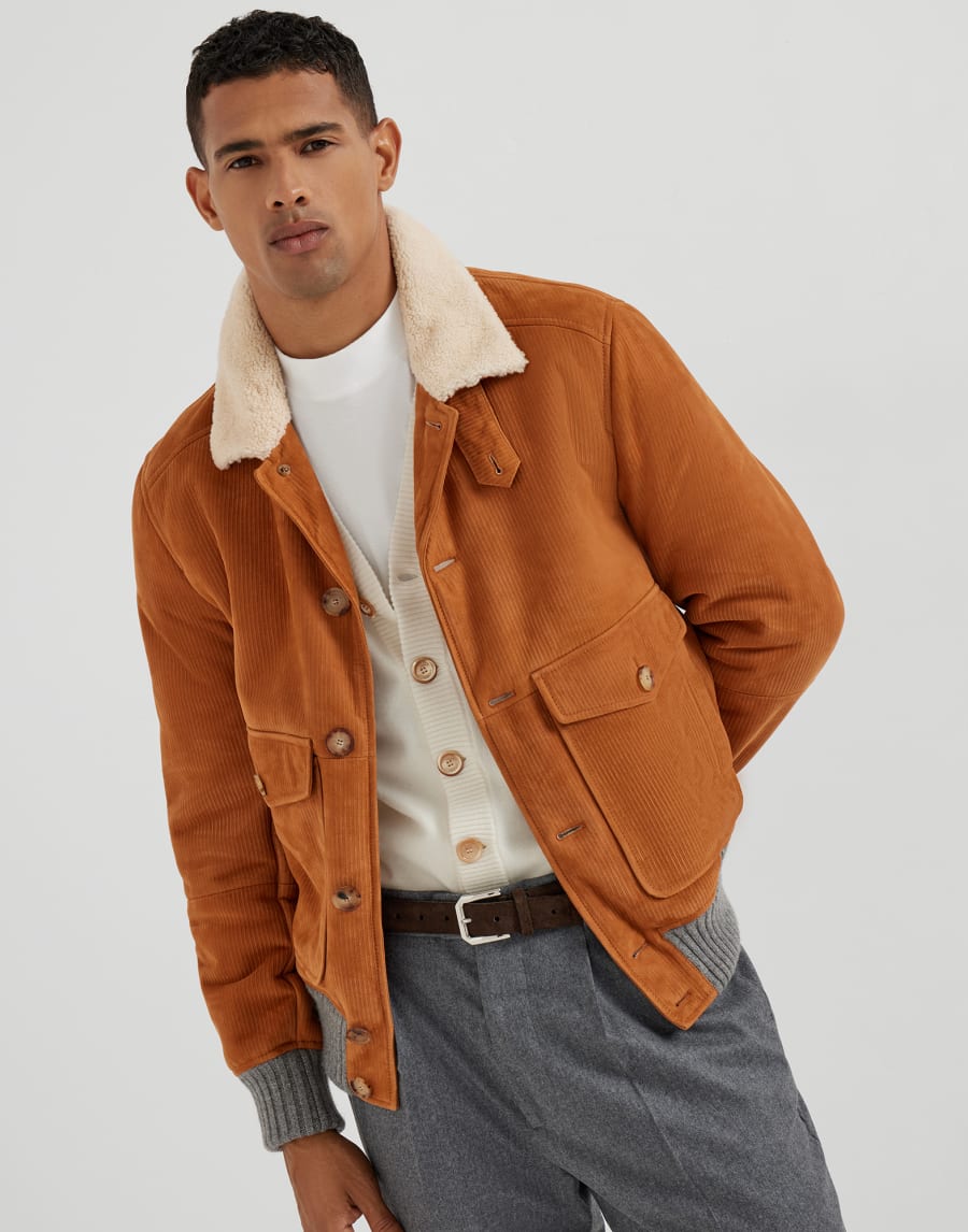 Куртка-авиатор из замшевого ширлинга Виски Мужчина - Brunello Cucinelli