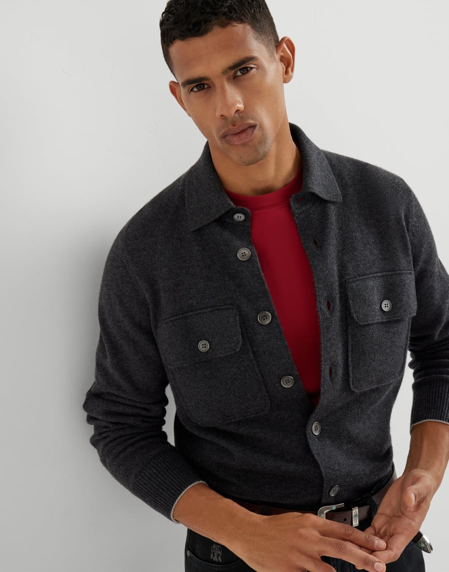 Shirt-style cardigan Charcoal Man - Brunello Cucinelli