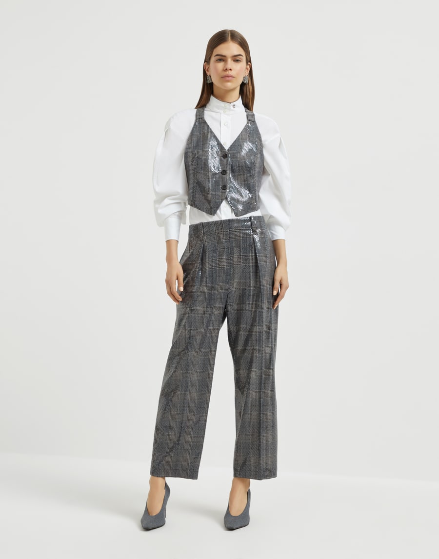 Pantalon Broderie Prince de Galles Anthracite Femme - Brunello Cucinelli