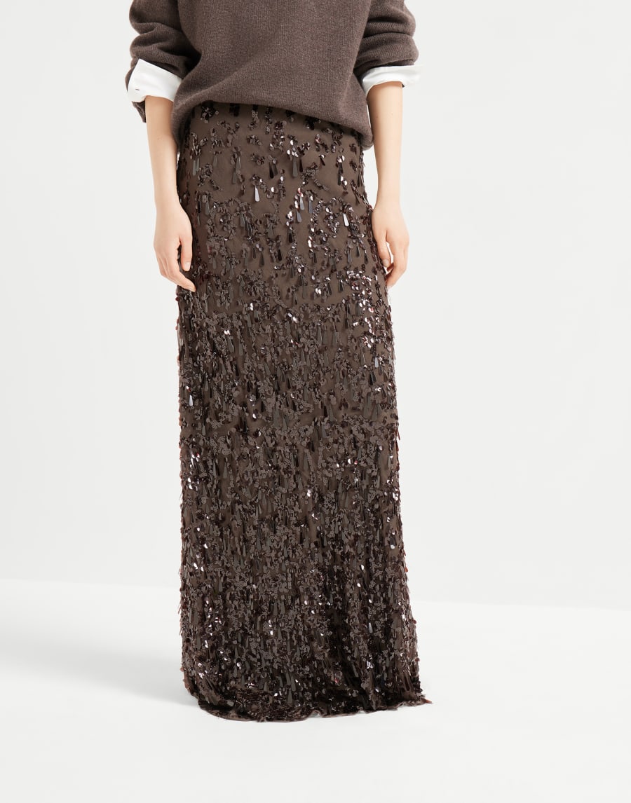 Falda Long Swing Drops Embroidery Cacao Mujer - Brunello Cucinelli