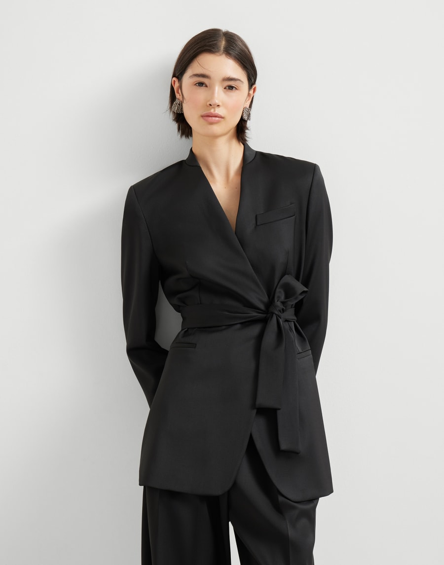 Satin belted blazer with monili Black Woman - Brunello Cucinelli
