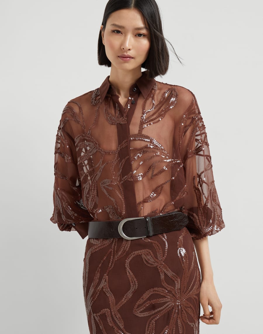 Shirt with dazzling floral embroidery Henna Woman - Brunello Cucinelli
