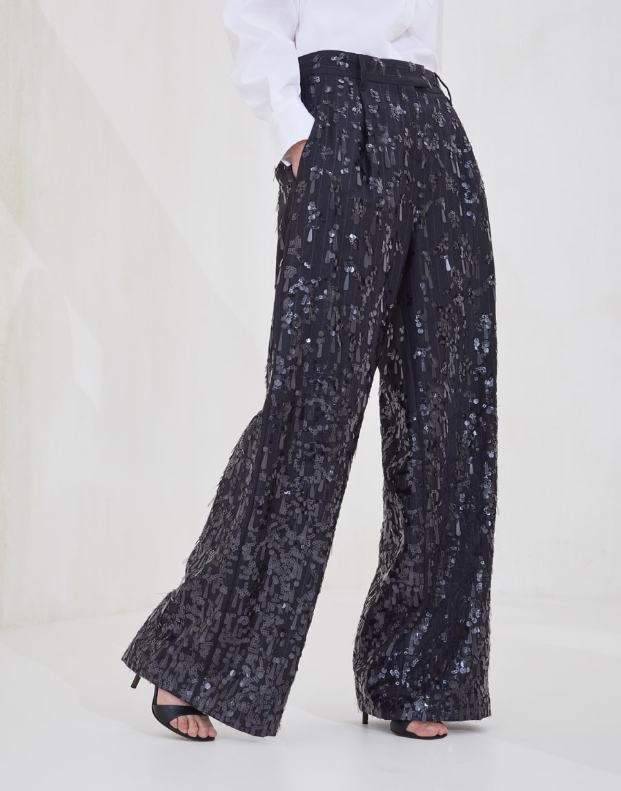 Loose trousers with swing drops embroidery Lignite Grey Woman - Brunello Cucinelli