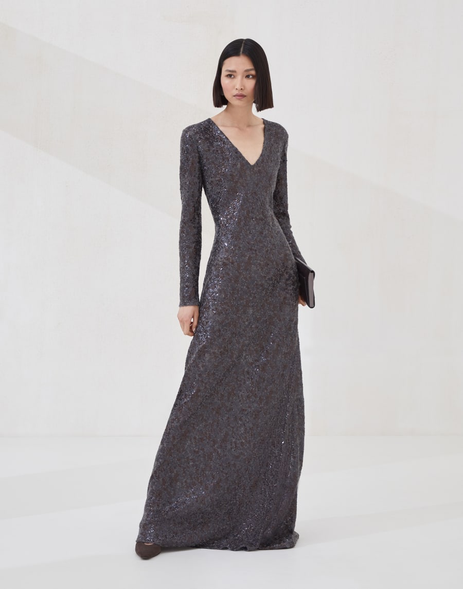 Mermaid dress with dazzling embroidery Anthracite Woman - Brunello Cucinelli