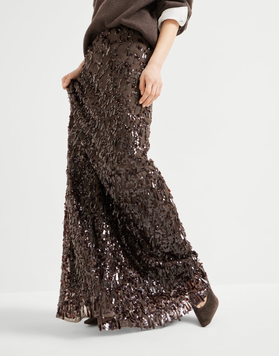 Falda Long Swing Drops Embroidery Cacao Mujer - Brunello Cucinelli