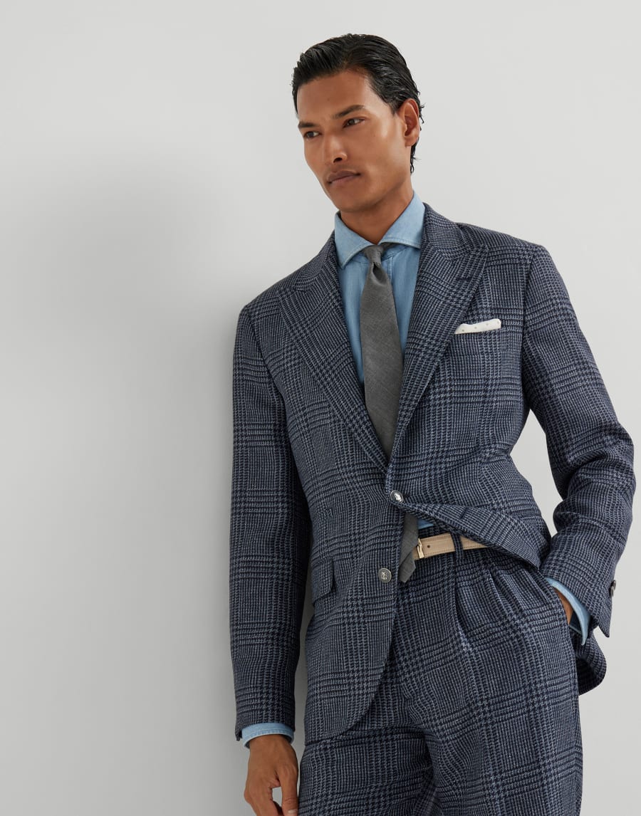グレンチェック アンコンジャケット デニムブルー メンズ - Brunello Cucinelli