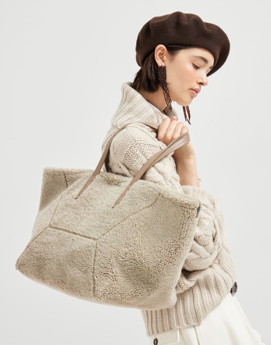Borsa BC Duo in shearling Curly Marrone Chiaro Donna - Brunello Cucinelli