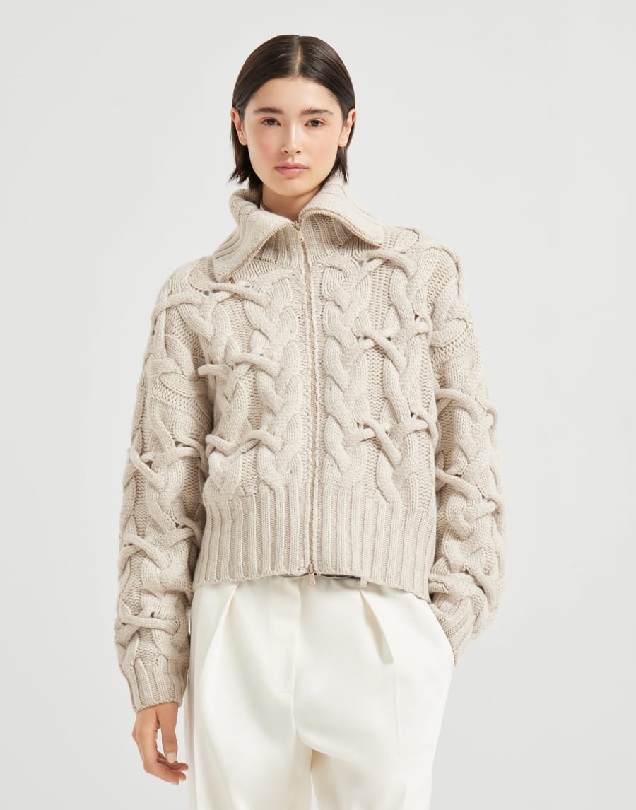 交错绞花针织开衫 米黄 女款 - Brunello Cucinelli
