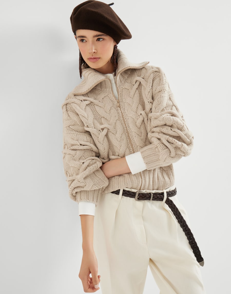 Cardigan Crisscross Cable Beige Donna - Brunello Cucinelli