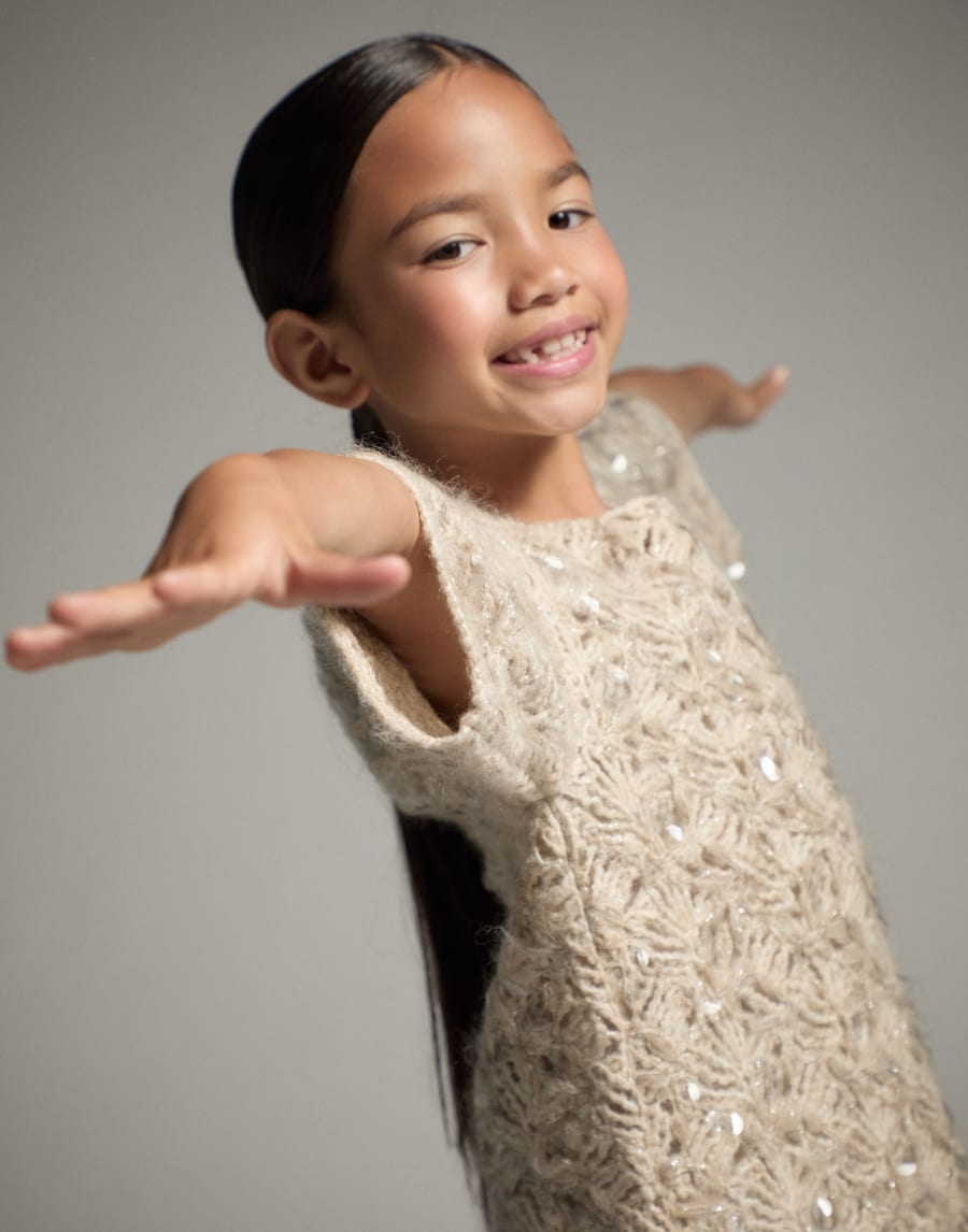 Fluffy flower embroidery knit dress Beige Girls - Brunello Cucinelli