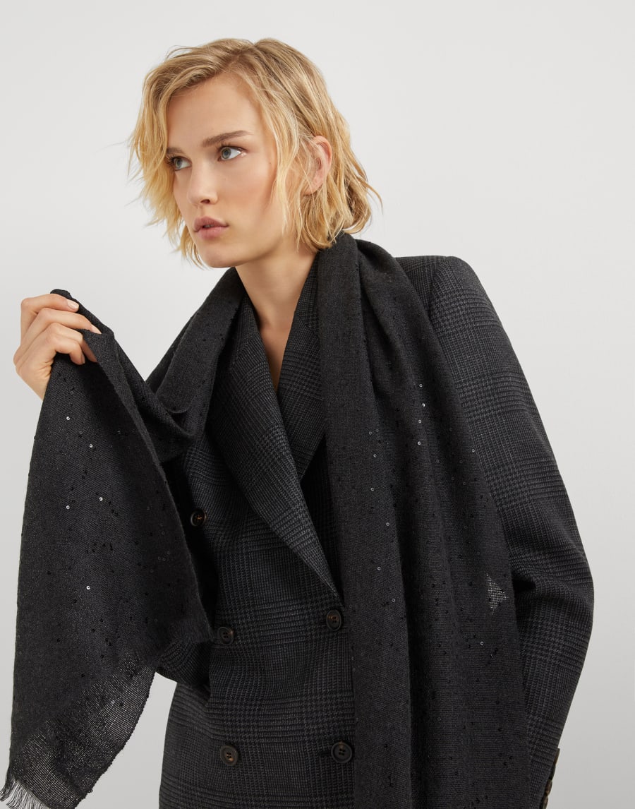 Cashmere and silk Diamond yarn scarf Anthracite Woman - Brunello Cucinelli