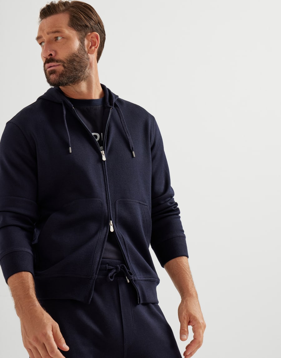 Cashmere and silk French terry sweatshirt Navy Blue Man - Brunello Cucinelli