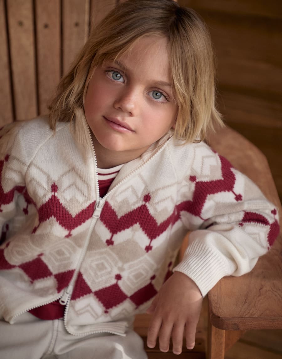 Cardigan Jacquard con zip Rosso Bambino - Brunello Cucinelli