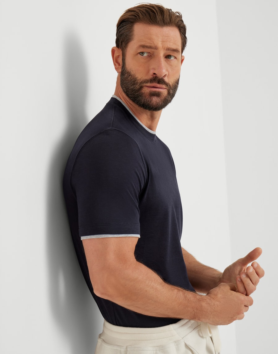 T-shirt with faux-layering Navy Blue Man - Brunello Cucinelli