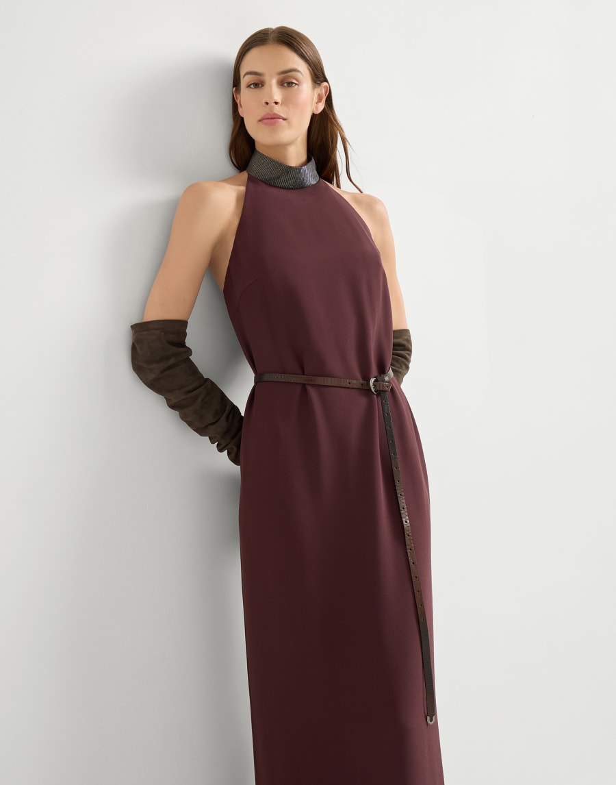 Halterneck dress with beaded collar Burgundy Woman - Brunello Cucinelli