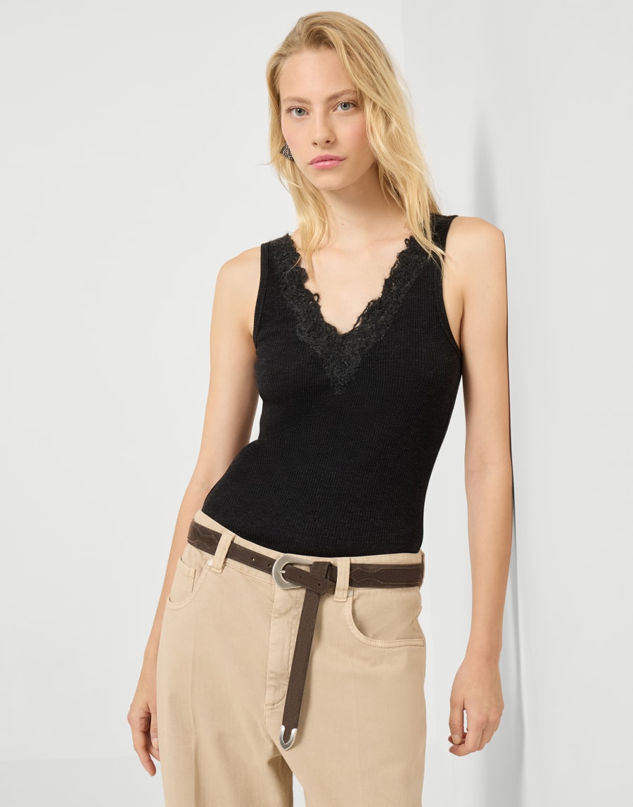 Ribbed jersey top Anthracite Woman - Brunello Cucinelli