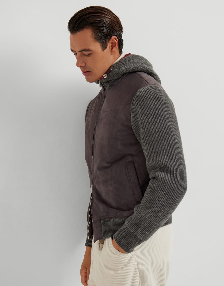 Suede bomber jacket with quilting Slate Man - Brunello Cucinelli