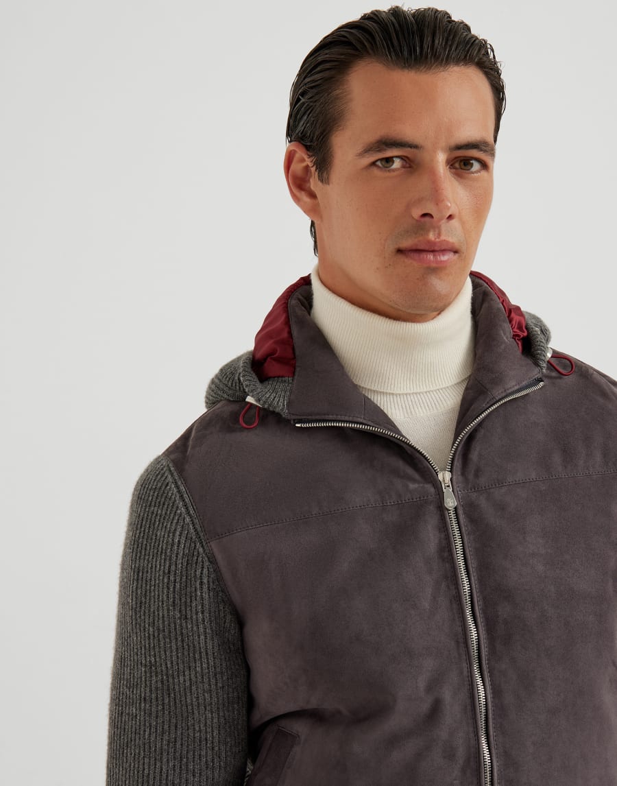 Suede bomber jacket with quilting Slate Man - Brunello Cucinelli