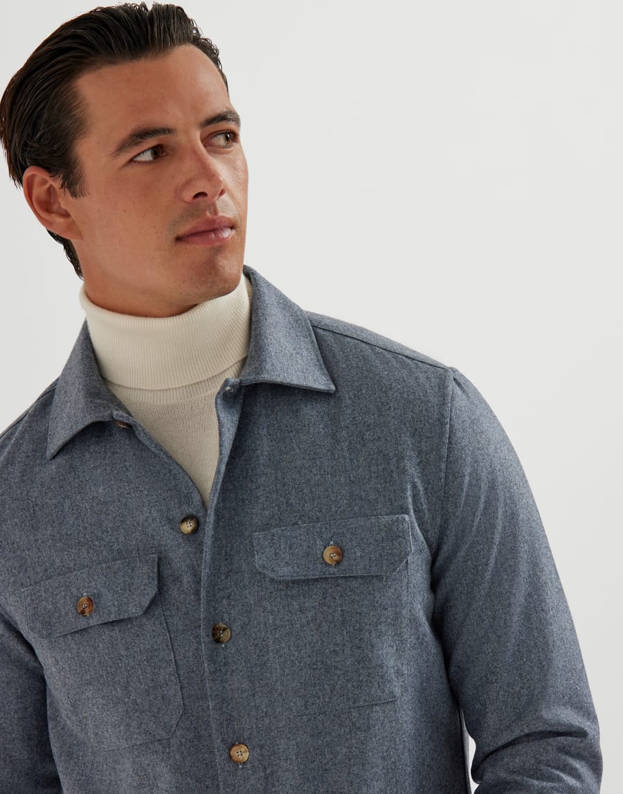 Virgin wool flannel overshirt Denim Man - Brunello Cucinelli