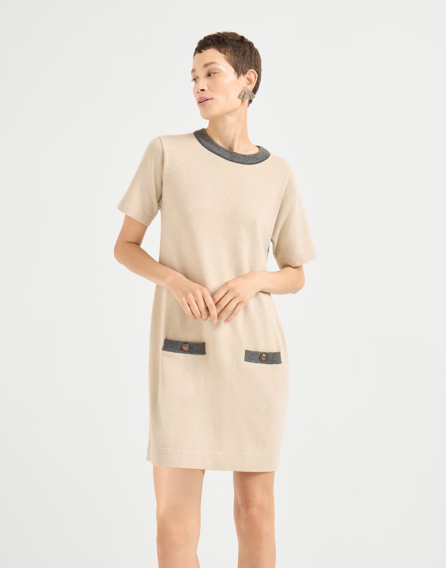 Dress with shiny contrast trims Beige Woman - Brunello Cucinelli