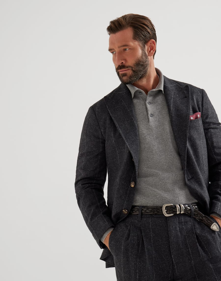 Cashmere and vicuña knit polo shirt Grey Man - Brunello Cucinelli