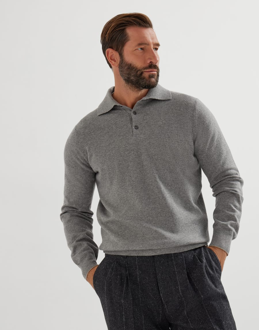 Cashmere and vicuña knit polo shirt Grey Man - Brunello Cucinelli
