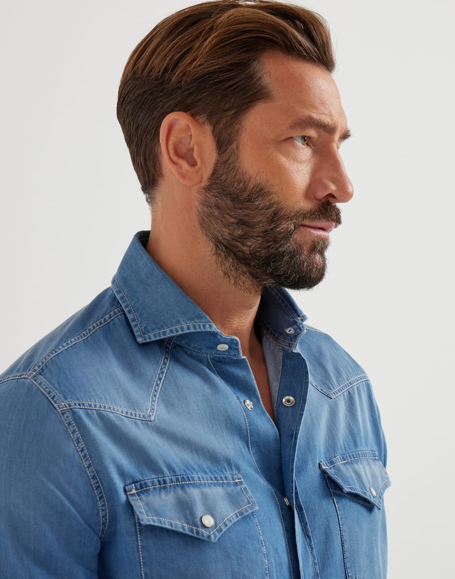 薄牛仔布衬衫 中牛仔色 男款 - Brunello Cucinelli