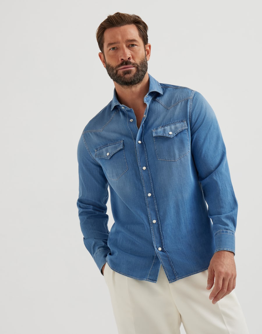 Camicia in denim leggero Denim Medio Uomo - Brunello Cucinelli