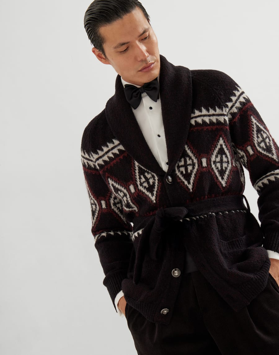 Geometric jacquard belted cardigan Black Man - Brunello Cucinelli