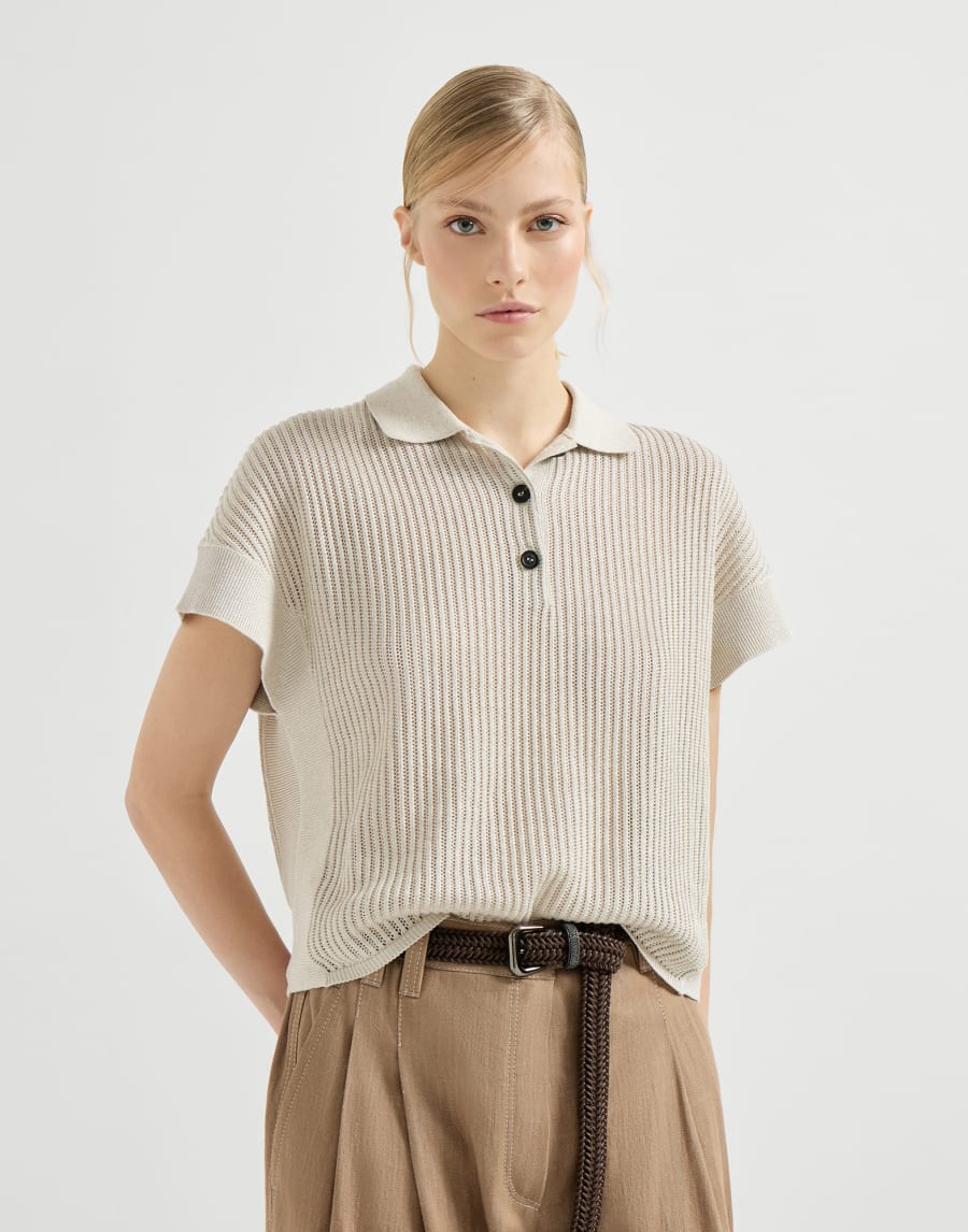 Ribbed net polo shirt Oat Woman - Brunello Cucinelli