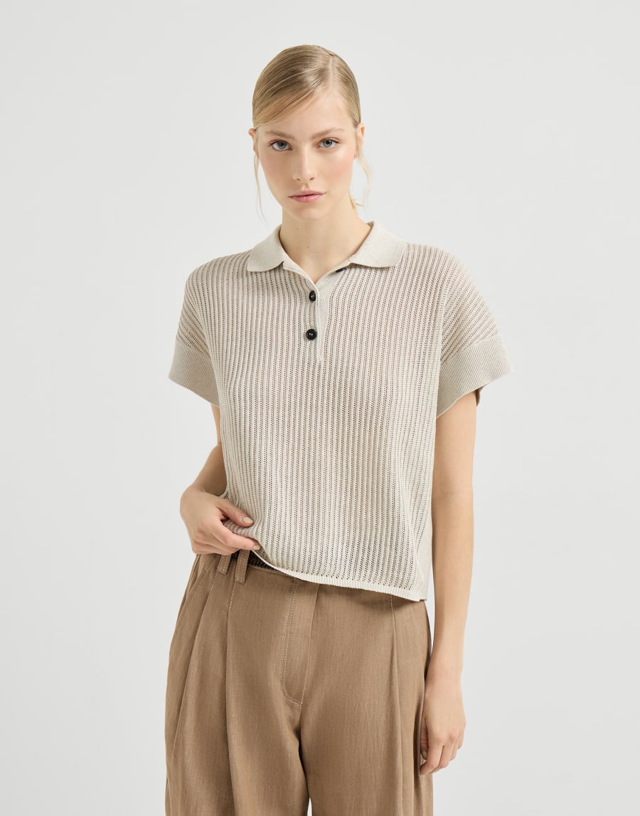 Ribbed net polo shirt Oat Woman - Brunello Cucinelli