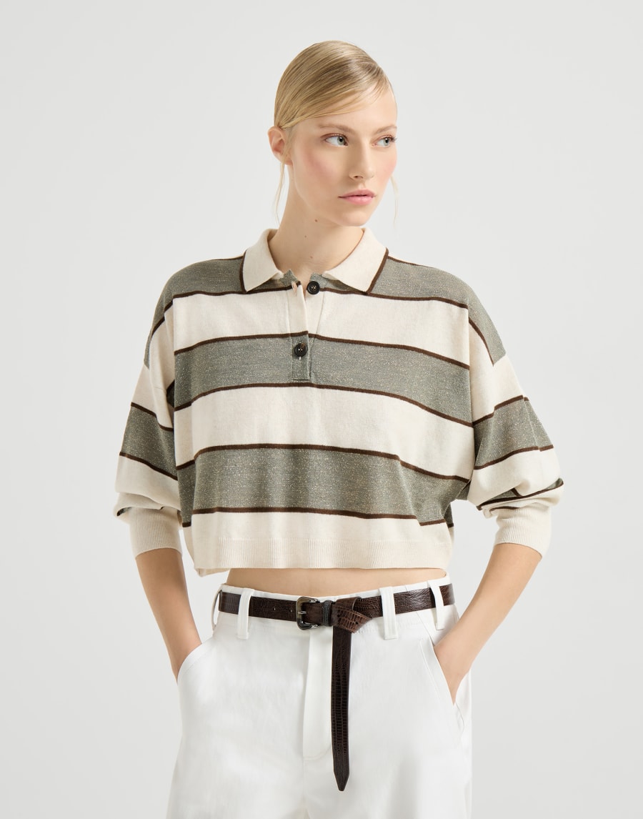 Cropped knit polo with sparkling stripes Sage Woman - Brunello Cucinelli