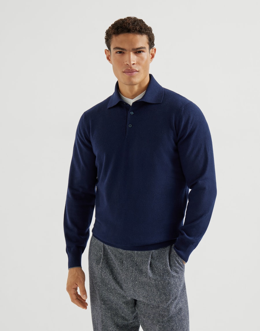 Cashmere and vicuña knit polo shirt Blue Man - Brunello Cucinelli