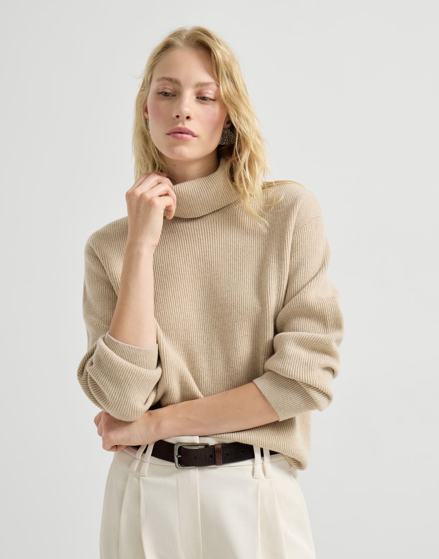 Pull col montant en cachemire et vigogne Beige Femme - Brunello Cucinelli