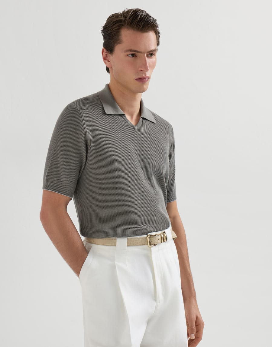 Cotton English rib knit polo Khaki Man - Brunello Cucinelli