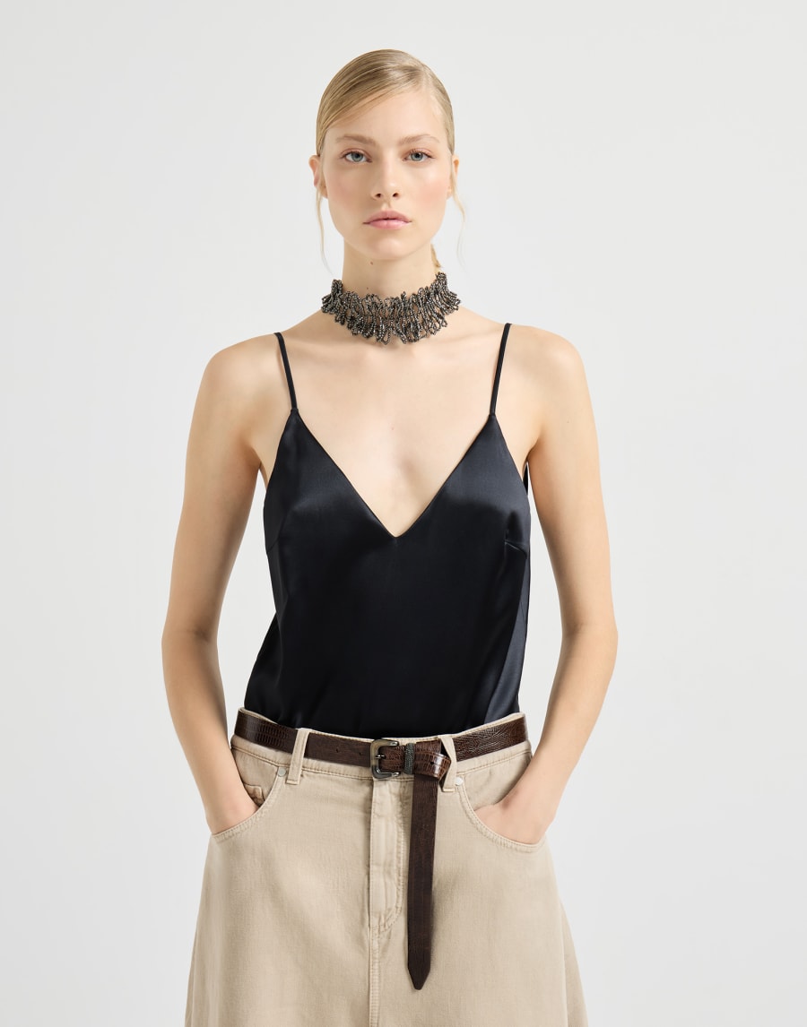 Top in raso di seta stretch Nero Donna - Brunello Cucinelli