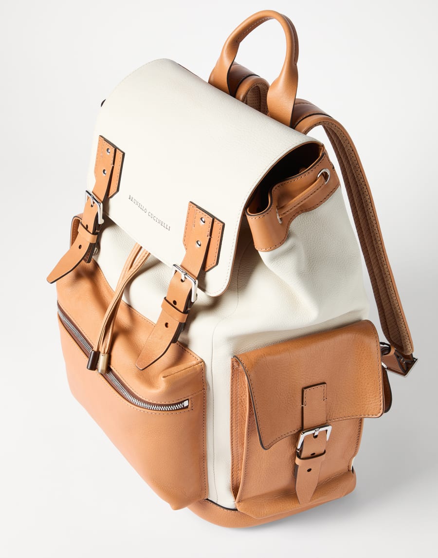 Calfskin and cowhide backpack Ivory Man - Brunello Cucinelli