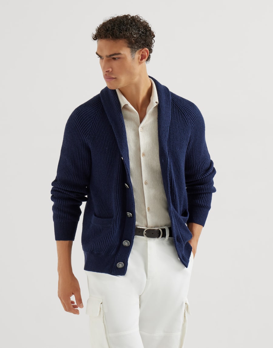 English rib knit cardigan Navy Blue Man - Brunello Cucinelli