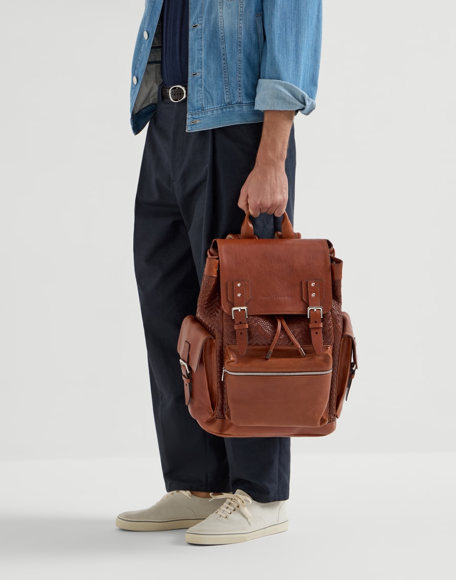 Calfskin and cowhide backpack Cognac Man - Brunello Cucinelli