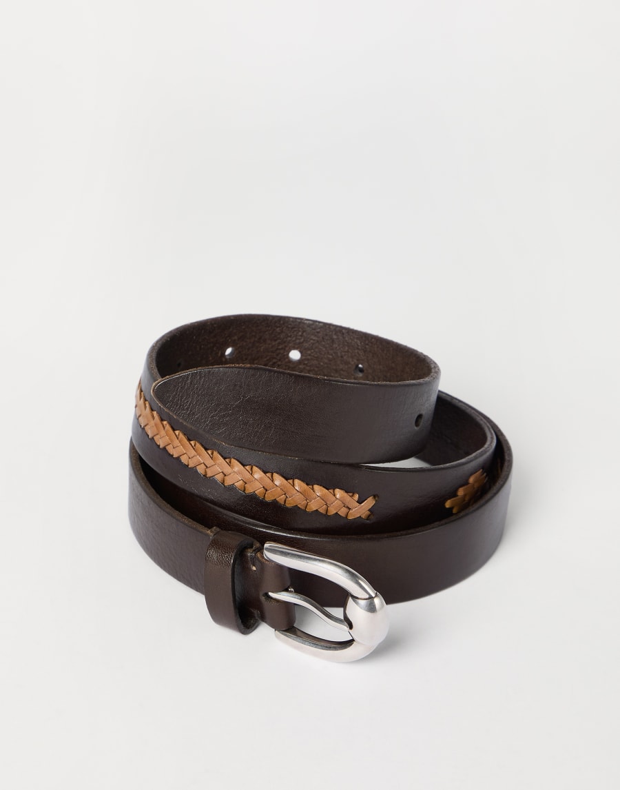 ブレイデッドモチーフ入り レザーベルト チョコレート メンズ - Brunello Cucinelli