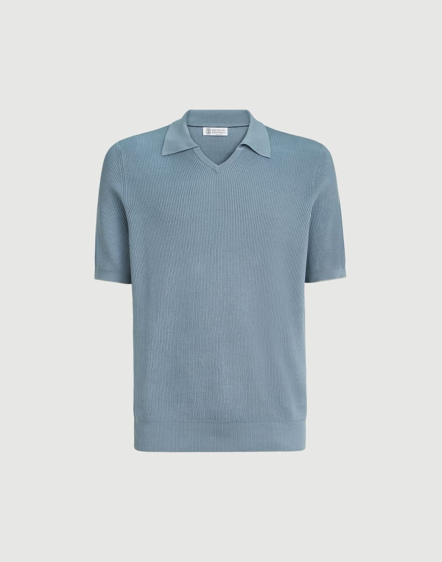 Cotton English rib knit polo Sky Blue Man - Brunello Cucinelli