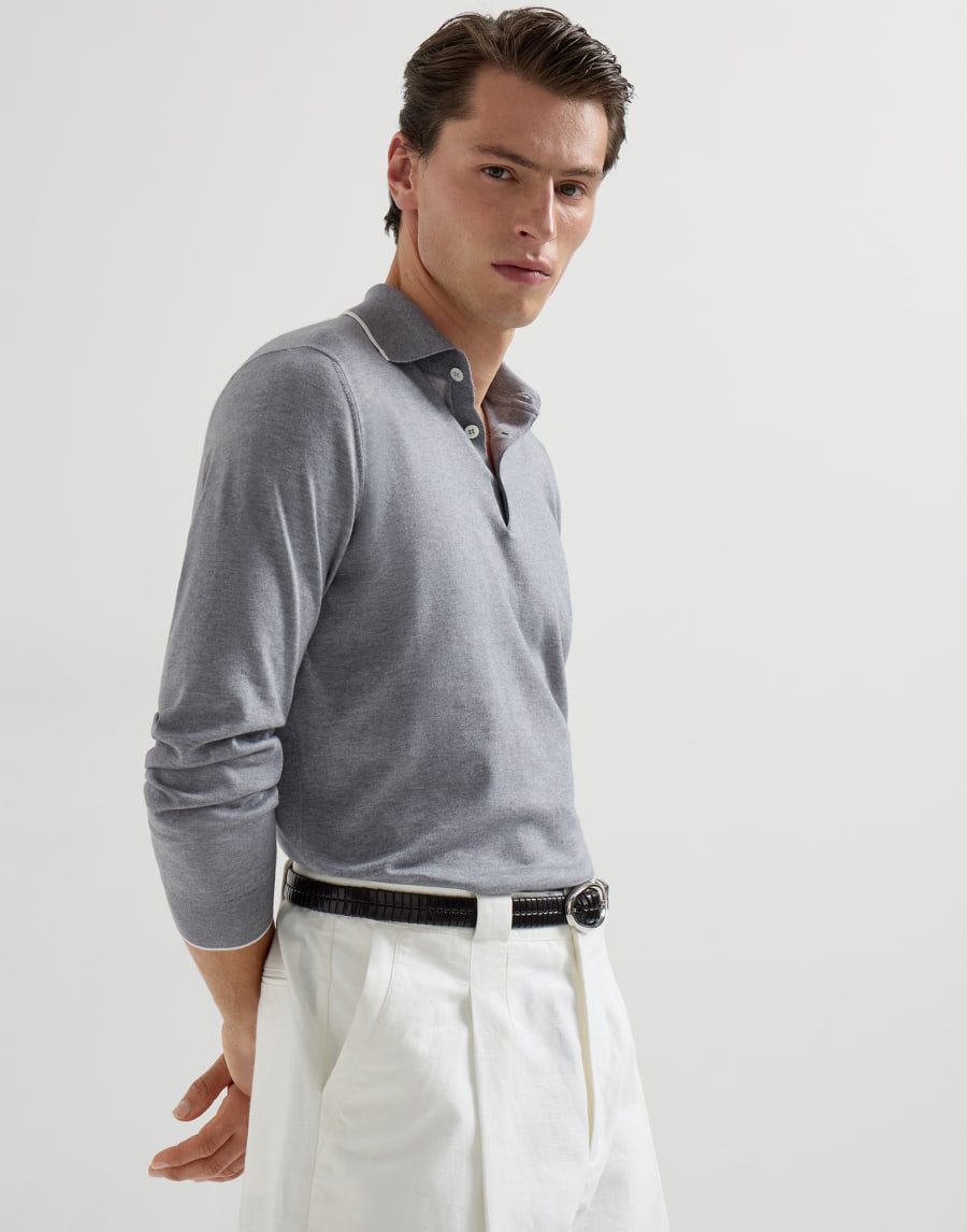 Cotton and cashmere knit polo Dark Grey Man - Brunello Cucinelli