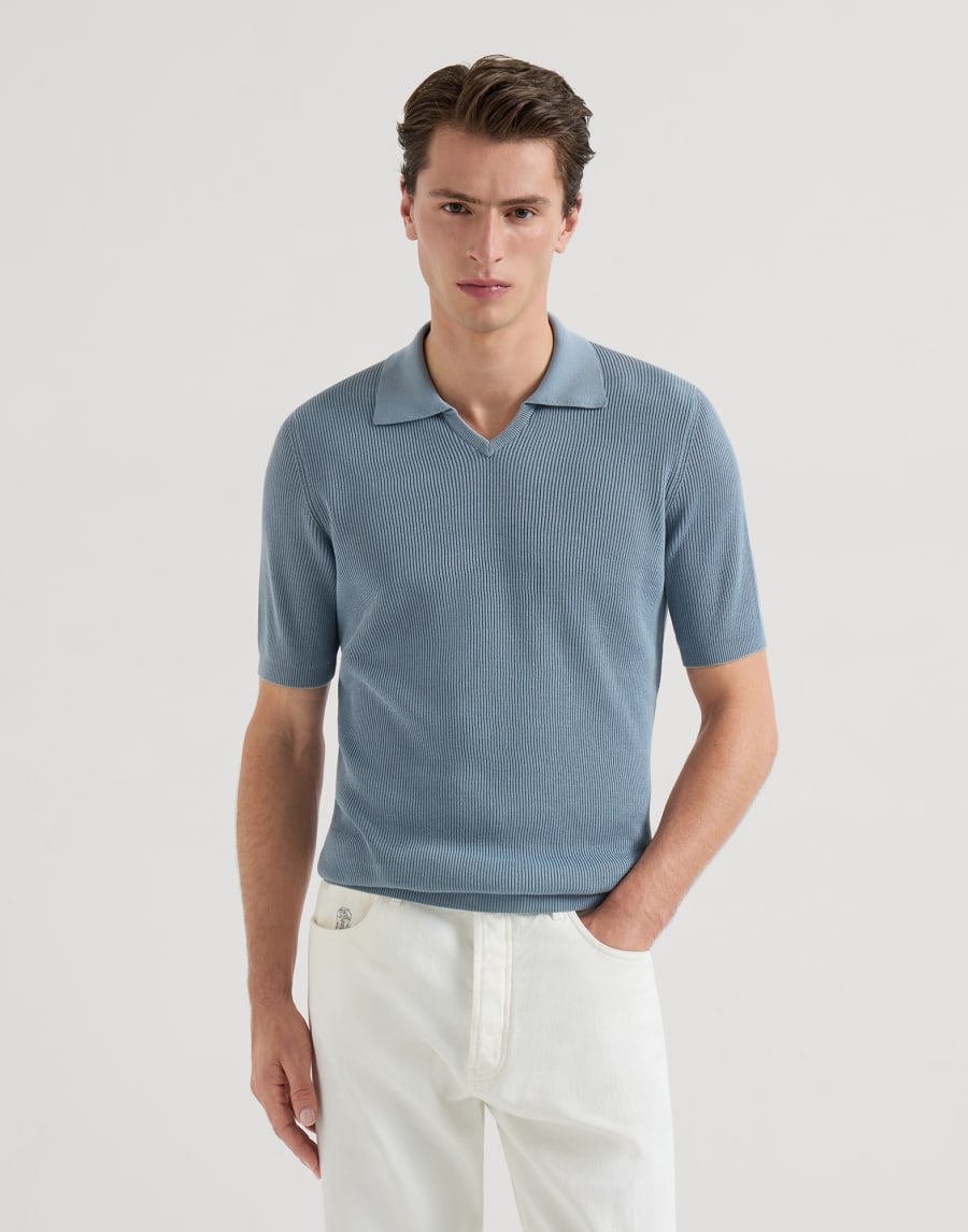 Cotton English rib knit polo Sky Blue Man - Brunello Cucinelli