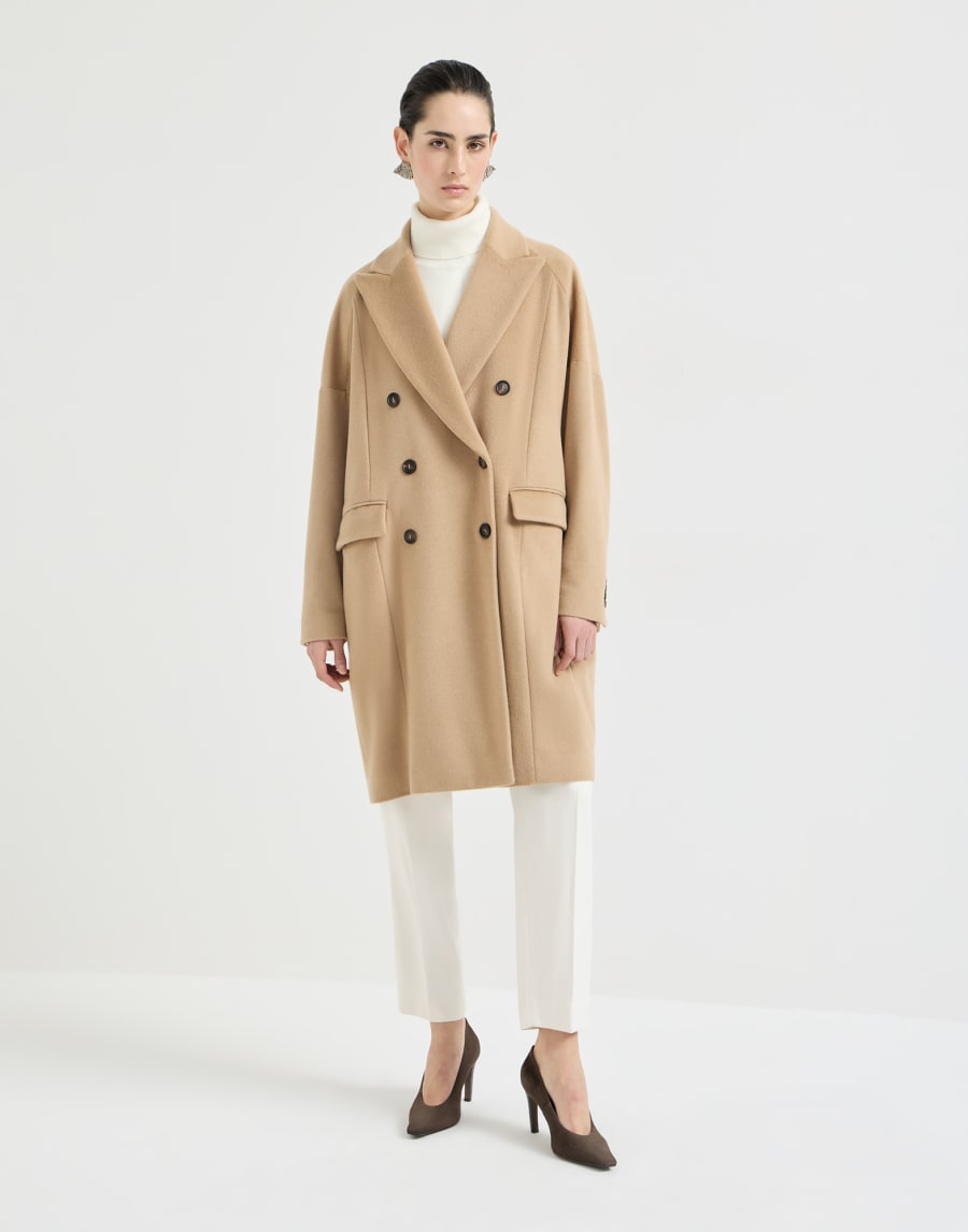 Vicuña beaver cloth coat with monili Beige Donna - Brunello Cucinelli
