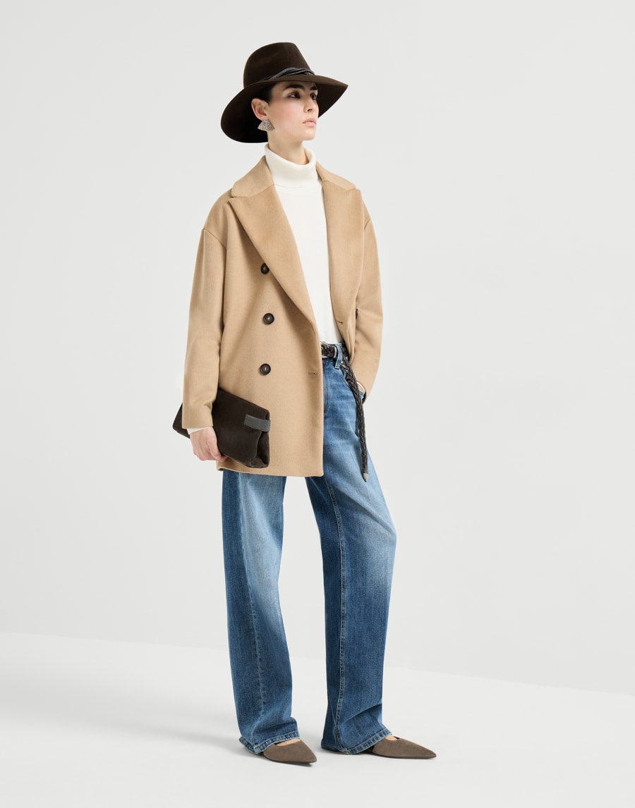 Vicuña beaver cloth pea coat with monili Beige Woman - Brunello Cucinelli