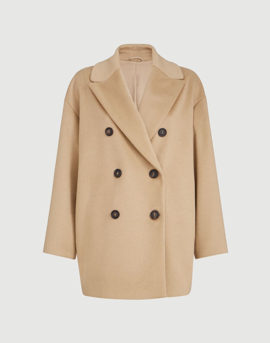 Vicuña beaver cloth pea coat with monili Beige Woman - Brunello Cucinelli