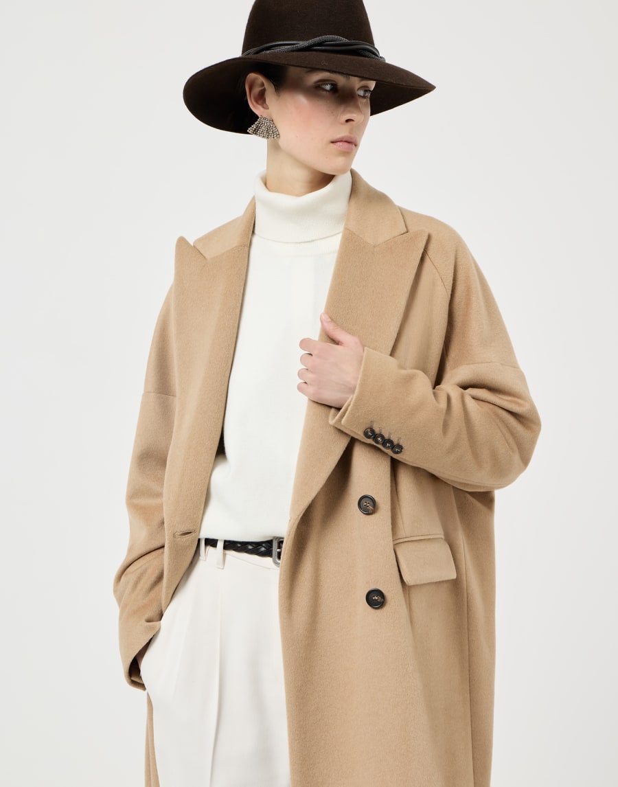 Vicuña beaver cloth coat with monili Beige Donna - Brunello Cucinelli