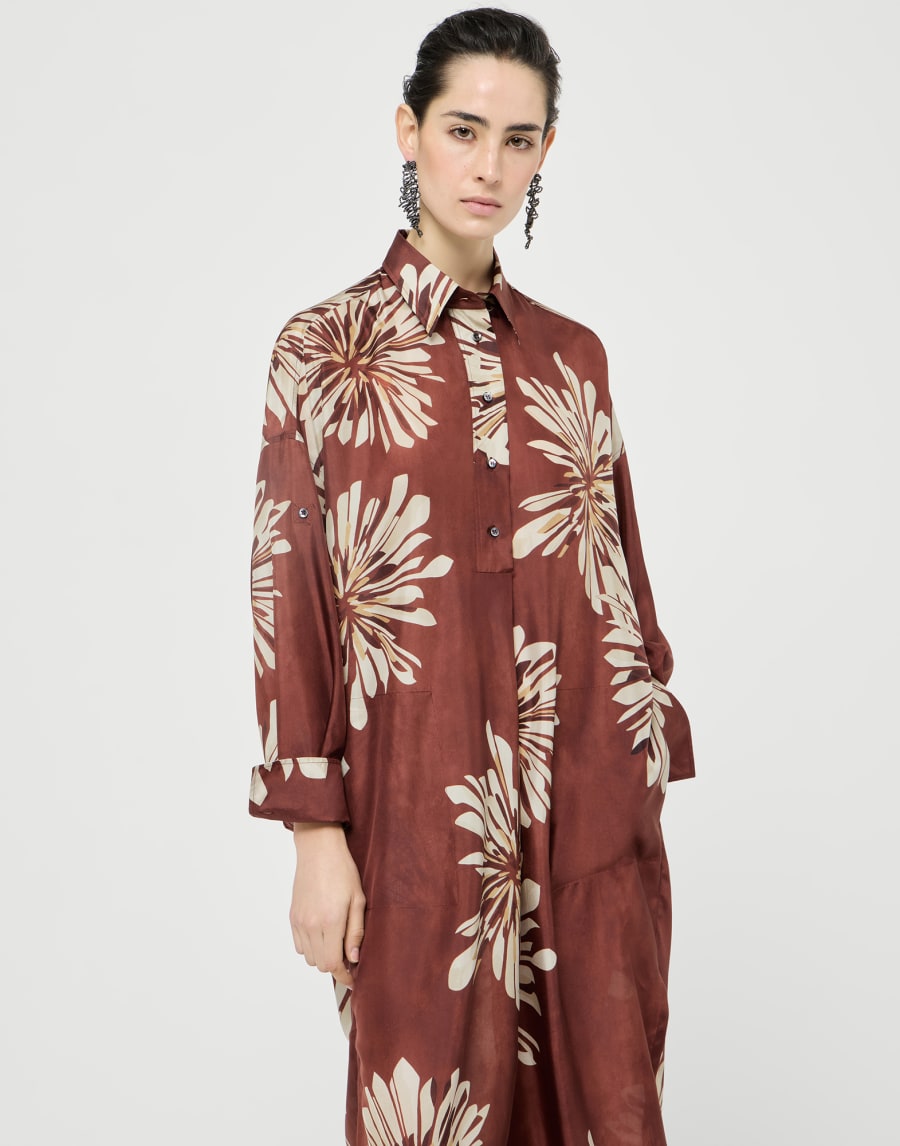 Bloom print pongee dress Bordeaux Woman - Brunello Cucinelli