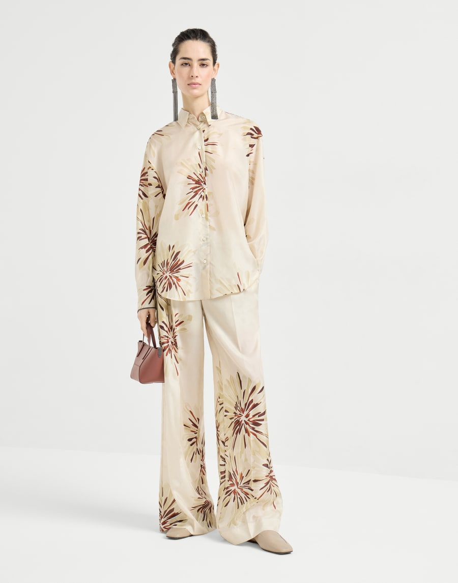 Bloom print pongee trousers Beige Silk Woman - Brunello Cucinelli